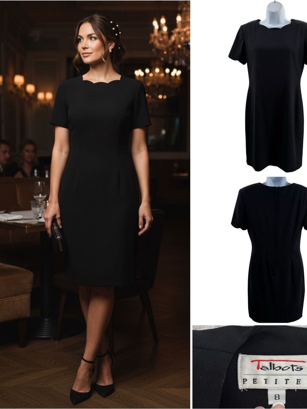 Talbots Black Scallop Neckline and Sleeves Sheath Dress Sz 8 Vintage